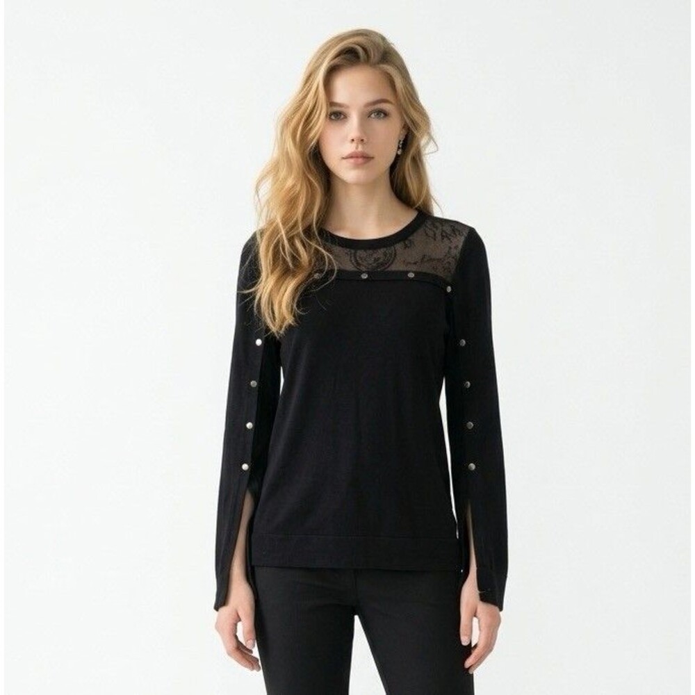 BCBGMAXAZRIA Black Long Sleeve Mesh L Snap Button Front Detail Pullover sweater